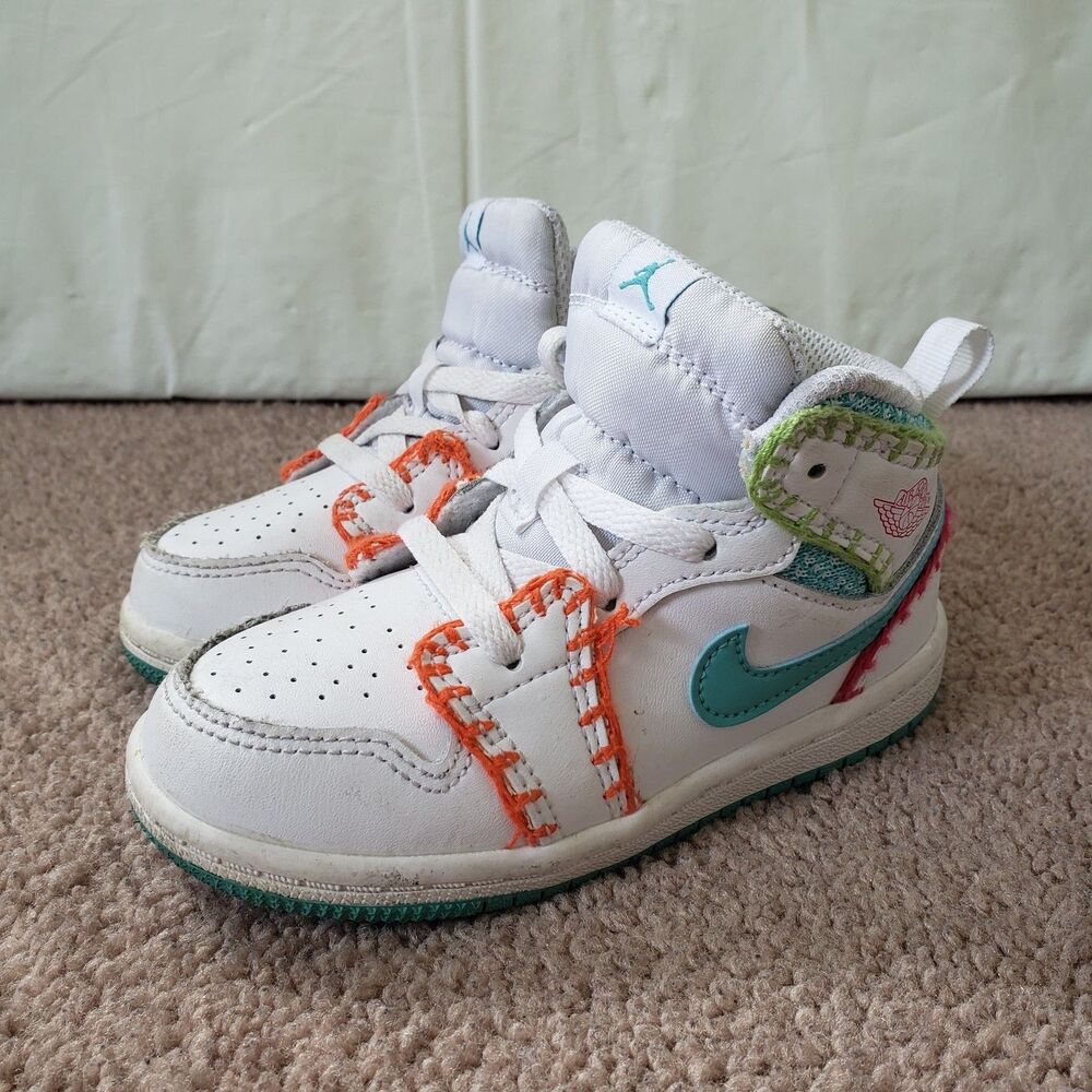 Air Jordan 1 Mid SE Toddlers White Leather Multi Colorful Knit Crochet Size 8c